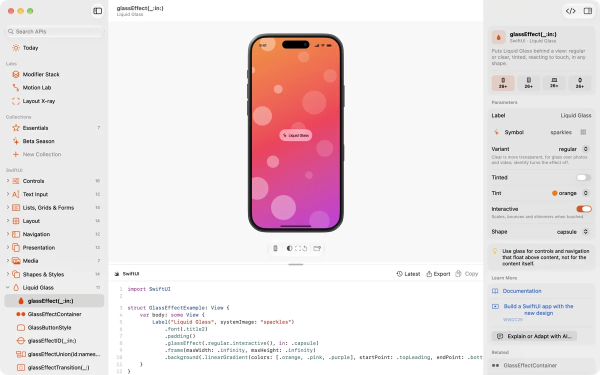Viewry on the Mac: a Liquid Glass demo in an iPhone frame, with the inspector and the code drawer