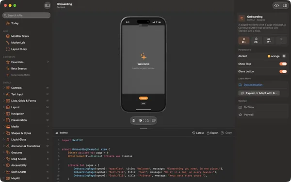 The Onboarding recipe in an iPhone frame, in dark appearance